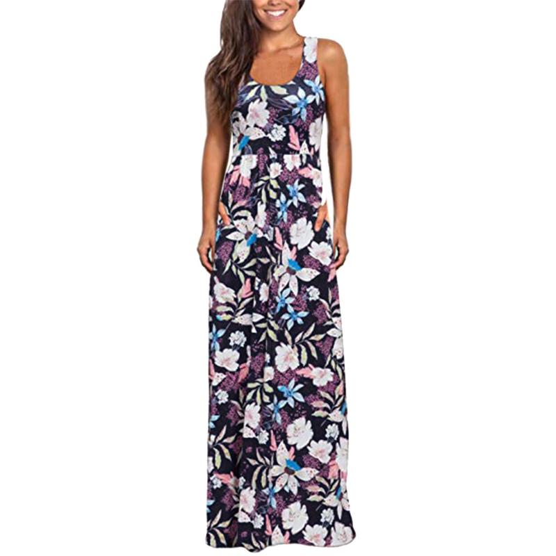 

Casual Dresses Women' Sleeveless Pocket Floral Printing Beach Long Maxi Loose DressCasual, Navy