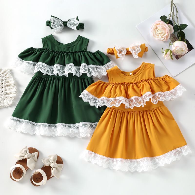 

Girl's Dresses CitgeeSummer Kids Girls Infant Floral Lace Outfits Shoulder Sleeveless Dress Bow Headband ClothesGirl's