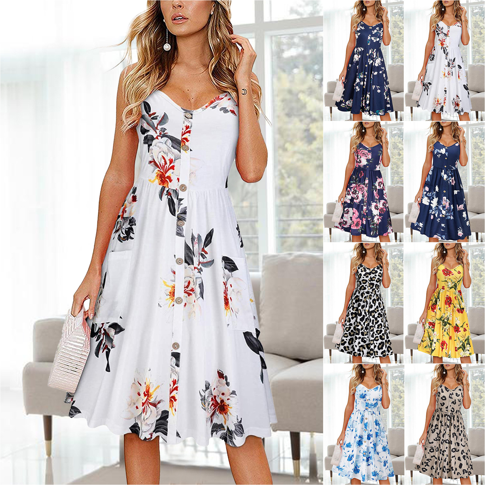 

Summer Fashion Women Loose Strap Camis Elegant Dress Large Big Party Ruffles Sleeve Button Print Dresses Plus Sizes, Champagne