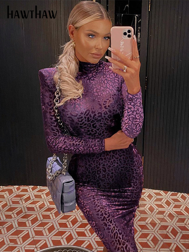 

Hawthaw Women Autumn Winter Long Sleeve Party Club Bodycon Purple Midi Dress Streetwear 2021 Fall Wholesale Lots Bulk Clothes