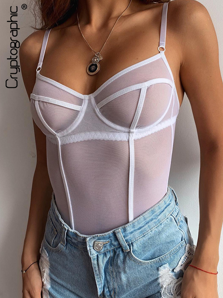 

Sheer Mesh See Through Sexy Backless Straps Bodysuit Women Skinny Tops Club Bodysuits Overalls One Piece Clothes, Black