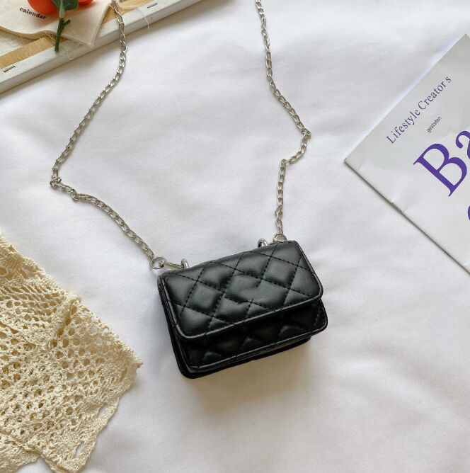 

Children chain metal shoulder bag fashion baby handbag mini letter print square purse good selling, Black
