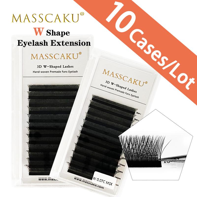 

False Eyelashes 10cases/lot MASSCAKU W Lashes 0.05 Thickness Deep Black Soft W-shape Eyelash 8-15mm & Mix Length Silk Volume Extension