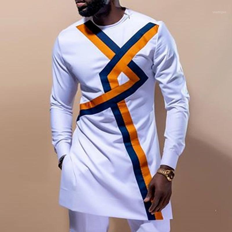 

Men's Casual Shirts Ethnic Male Shirt Print Round Neck Long Sleeve Mid-Length Muslim Men Color Block Tops Blouses White Simple