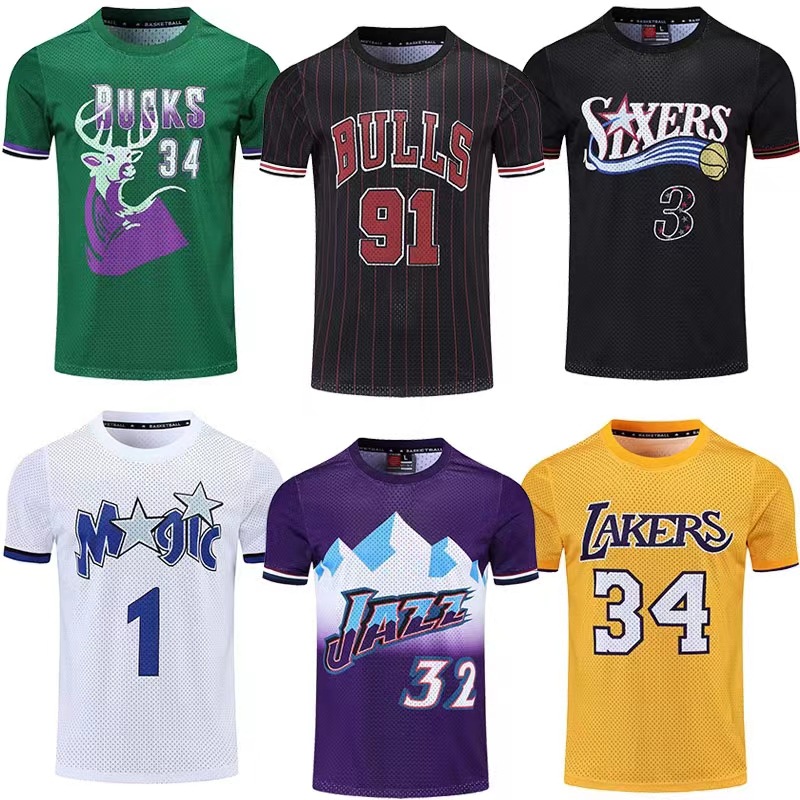 

Summer Men Basketball T-shirt Bulls Laker Quick-Drying Jersey Sports Running Male American Retro T shirts Short Sleeved Tshirt, Beige