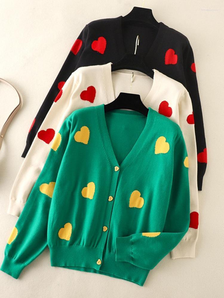 

Women's Knits & Tees Women Cardigan Sweater 2022 Fall Winter Korean Cute Heart Printed Knitted Jacket Female Single Breasted Clothes Rebecas, Apricot