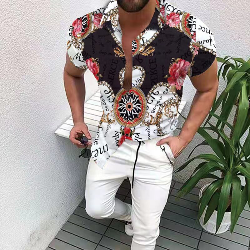 Trendy Party Printed Men's Designer Slim Fit Shirts Casual Beach Top Cardigan Button Shirt Summer Mens Clothing Top Blouse Blusa Beachwear H