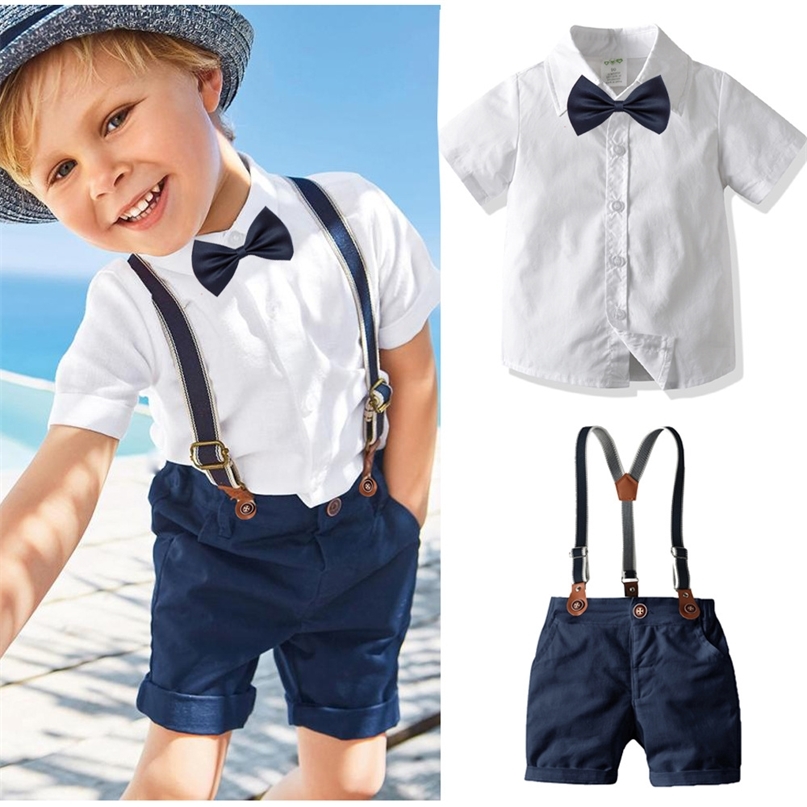 

Boy Bow Gentleman Clothes White Shirt Navy Shorts with Suspenders Kids Children Holiday Outfits Short Sleeve Sets 220616, White kids clothes