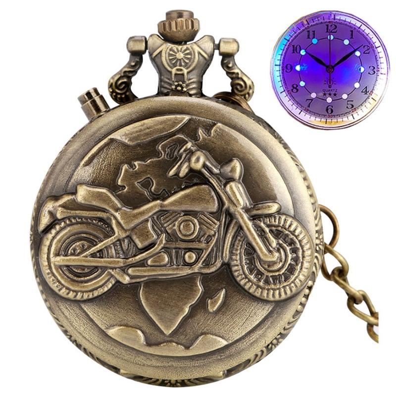 

Pocket Watches Bronze Luminous LED Dial Motorcycle Motorbike MOTO Quartz Watch Chain Carved Steampunk Fob Clock GiftsPocket, Bronze without led