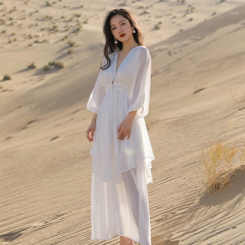 

Long Women Dress White Chiffon 31 Lace Maxi 2022 Summer V-Neck Sleeve Fit Flare Backless Beach Sexy Casual Dresses, Xaq1325