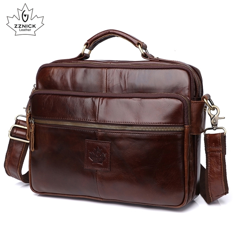 

Mens Shoulder Bag Leather Laptop Bag Office Bags For Men Genuine Leather Bags Briefcase Luxury Shoulder Handbag Male ZZNICK 201119, Coffee 6103