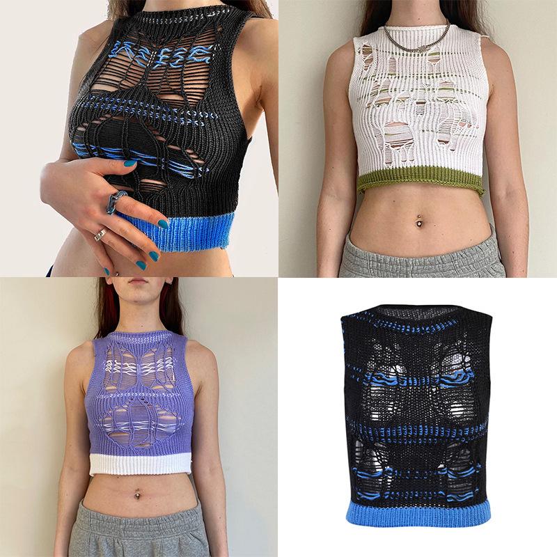 

Women' Tanks & Camis Summer Casual Street Color Contrast Hole Wool Knit Small Vest Women' Perspective Sexy Navel-bearing Fashion Girl, Black