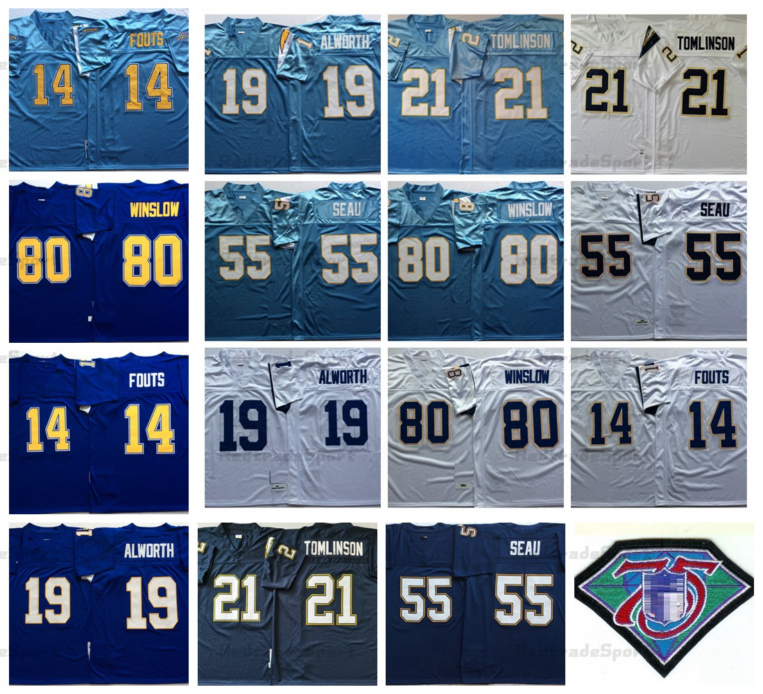 

Vintage 1987 Mens 21 LaDainian Tomlinson Football Jerseys 14 Dan Fouts 55 Junior Seau 19 Lance Alworth 80 Kellen Winslow Jersey Stitched 75TH PATCH, Like pics