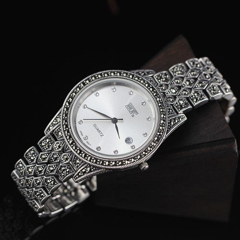 

Wristwatches Limited Edition S925 Pure Silver Big Watch Classical Thai Men Women Thailand Process Rhinestone Bangle
