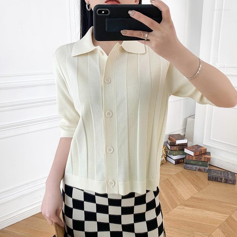 

Women' Knits & Tees Elegant Casual Short Sleeve Cardigan Single Breasted Turn-down Collar Summer Jumper 2022 Solid All-match Knit Striped T, Beige