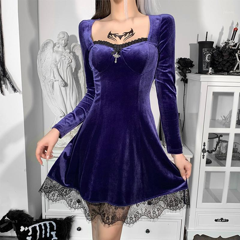 

Casual Dresses 40# Black Lace Splice Party Dress Women Long Sleeve Square Collar Gothic Punk Solid Up Harajuku Vintage A Line, Bk