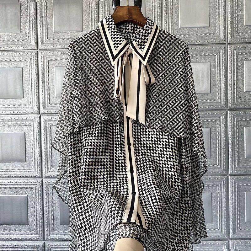 

Women' Blouses & Shirts Design Thousand Birds Plaid Imitation Silk Shirt Summer 2022 Cloak Shawl Mulberry Ladies Tops, Pic