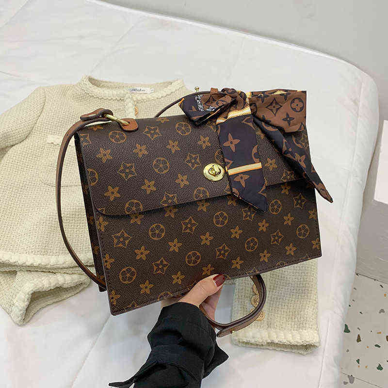 

Silk scarf bow texture autumn and winter bag female 2022 this year's popular temperament printed single Shoulder Messenger Bag, Brown
