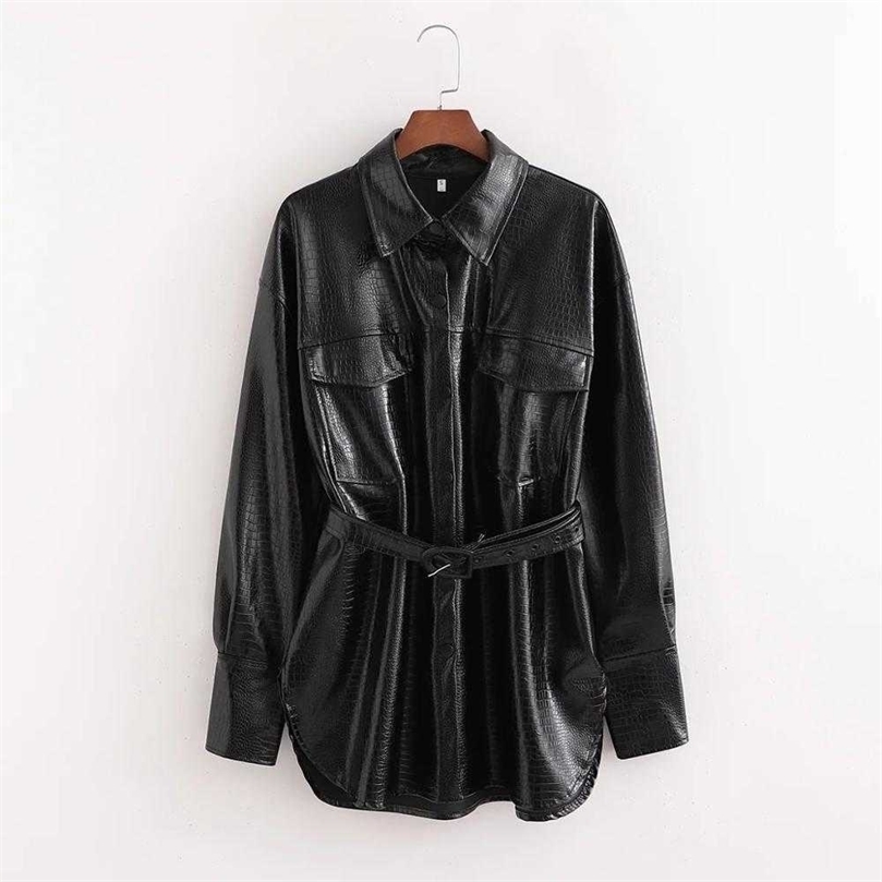 

Fall Winter Women Long Jackets Faux Leather Belted Long Sleeves Woman Coat Overshirt Casual Fashion women clothes 210709, Black