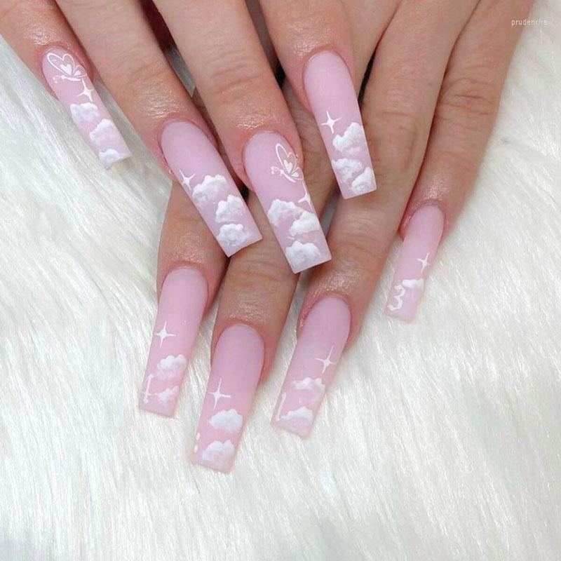

False Nails 24pcs/set Coffin Fake Nude Pink Cloud Butterfly Decal Ballerina Faux Full Nail Art Tips Detachable Long Press On Prud22, White
