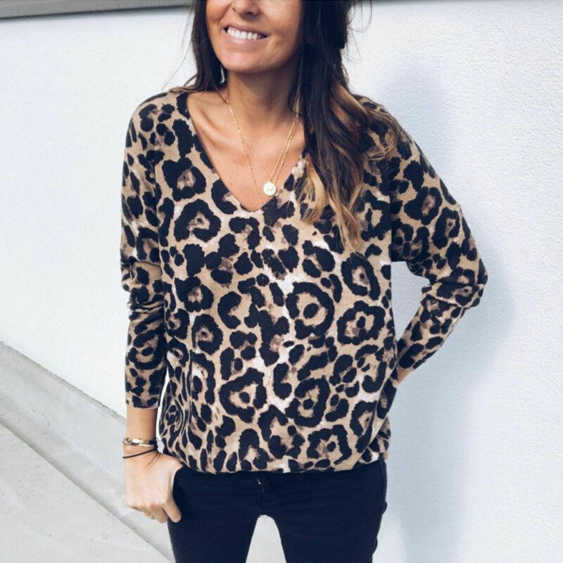 

Fashion Women Lady V-Neck Leopard Long Sleeve Loose Shirt Tops Blouse Women's Blouses & Shirts, As pic