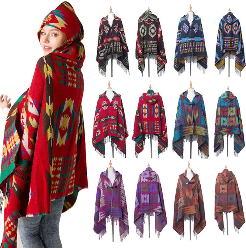 

Vintage Hooded Poncho: Knit Cape with Tassel Horn Button for Women - Multi-Purpose Travel Cloak, Photo Shoots & Cozy Wraps