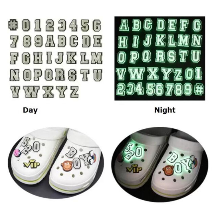 

Glow in the dark letter croc shoe charms pvc soft rubber shoecharms buckle DIY clog bracelet wristband decoration