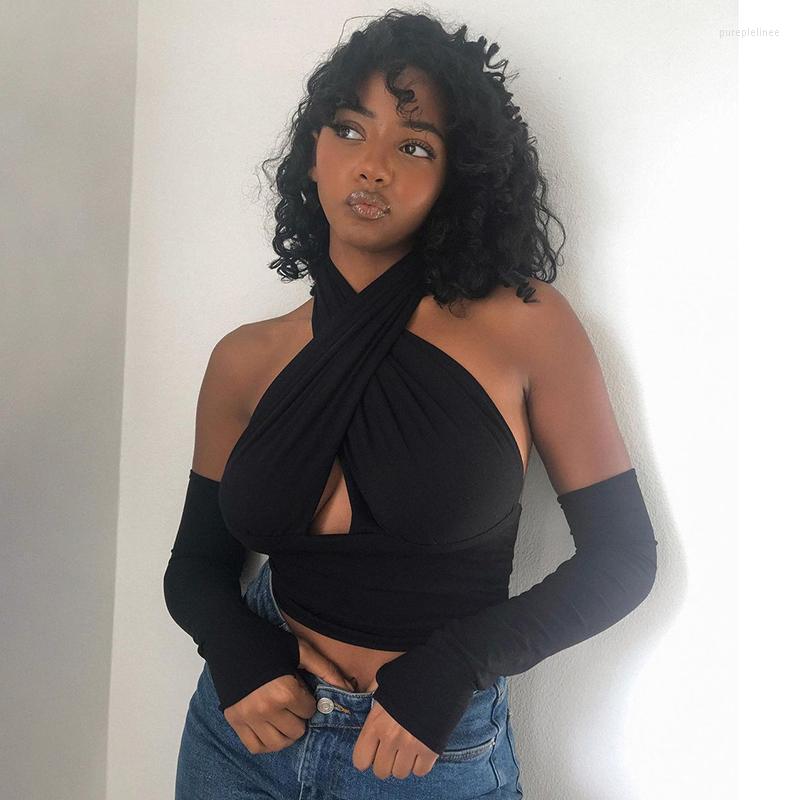 

Women' T-Shirt Sexy Cross Halter Backless Crop Tops Women Street Fashion Black Blue Woman Tshirts With Gloves Spring 2022