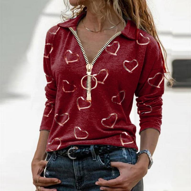 

Women' Blouses & Shirts Women Casual Zipper V Neck Heart Print Long Sleeve Sweatshirt Blouse T-shirt Spring Pullover Ladies Elegant Tops Pl, Black