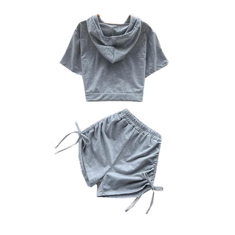 

Women's Tracksuits Korean Style Fashion Casual Sports Suit Women's Summer Short Hooded Zipper Top Pleated Lace-up SetsWomen's, Gray
