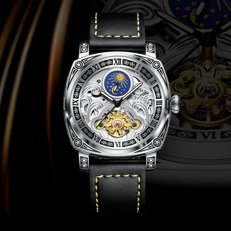 

Wristwatches Style Personalized Fashion Trend Fully Automatic Mechanical Mens Watch Moon Phase Hollow Leather Strap Business Man