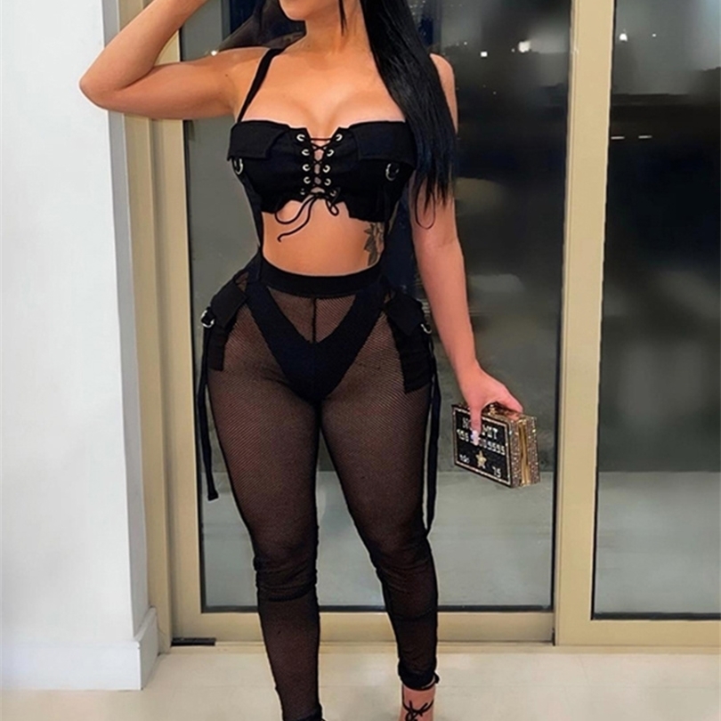 

Kliou Sexy Seductive Two Piece Set Women Skinny Ribbons Lace Up Crop Tops+ Mesh Patchwork See Through Pants Matching Clubwear 220510, Black
