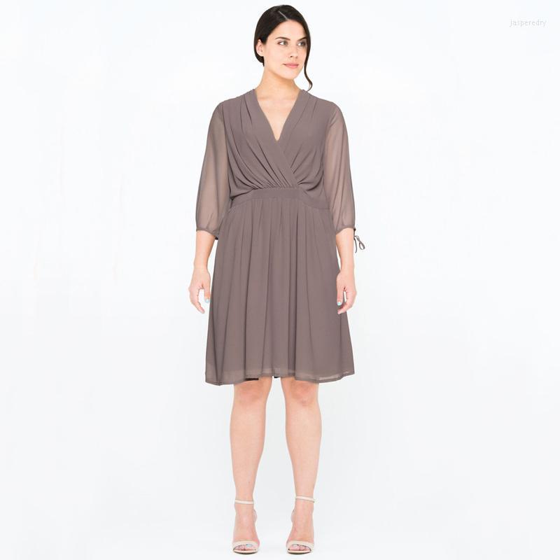 

Plus Size Dresses Sashes Elegant Summer Chiffon Dress Women 3/4 Sleeve Tie Cuff Surplice Neck Party Large Casual Office Jasp22, Auburn