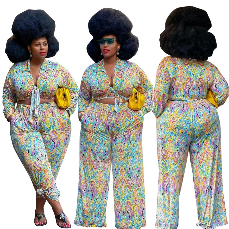

Women's Plus Size Tracksuits Fall Clothes For Women Fashion Turn Down Collar Cardigan Printed Sexy Clothing Two Piece Sets Wholesale DropWom, Multi
