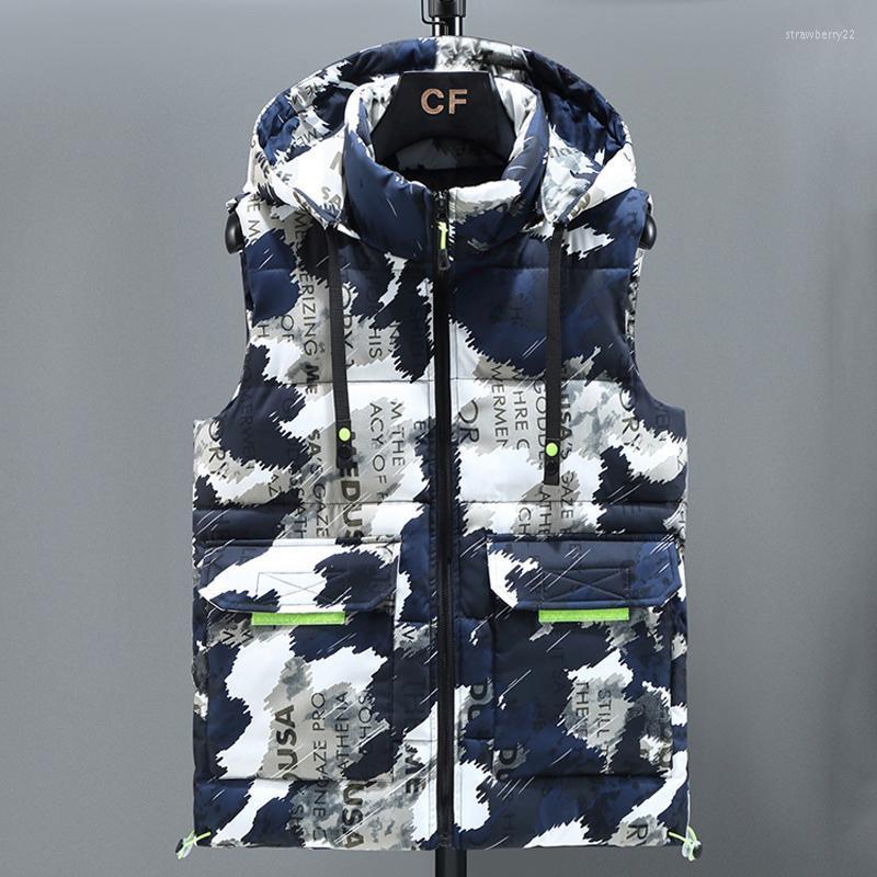 

Men's Vests Brand Men Sleeveless Jacket Winter Vest Hooded Thick Warm Camouflage Waistcoat Man Plus Size Mens Coat Stra22, Black