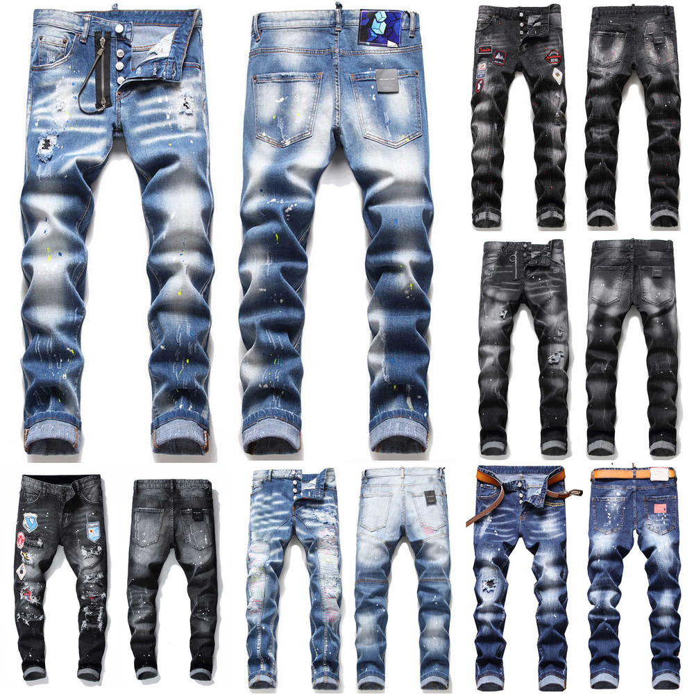 Badge Men Rips Stretch Black Jeans Men's Fashion Slim Fit Washed Motocycle Denim Pants Panelled Hip HOP Trousers 10200cowboy
