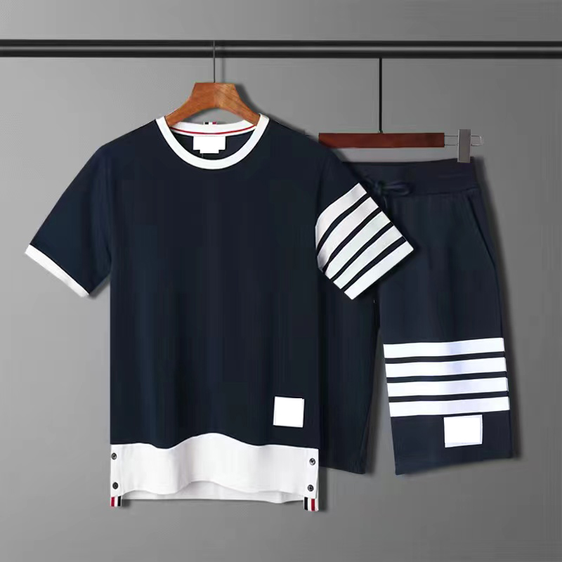 

men women T-Shirts pure cotton Loopback Jersey brown Knit Engineered thom Summer wear arm stripe Sweatshirt Crewneck Pullover S-4XL T3, 8/black