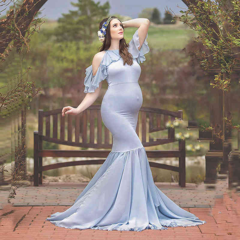 

Vetement Femme Women Pregnants Maternity Dress Photography Props Ruffles Off Shoulder Maternity Solid Dress for photo shoot G220418, Blue