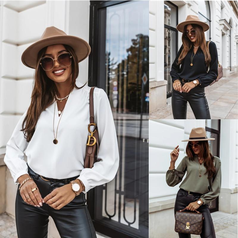 

Women' Blouses & Shirts Women Sexy V Neck Casual Long Sleeve Solid Color Button Elegant Ladies Tops Streetwear Office Lady, Black