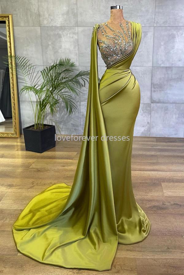 

New Arabic Lemon Green Satin Mermaid Evening Dresses Sheer Mesh Top Sequin Beads Ruched Formal Occasion Wear Gold Hunter Sheer Neck Sweep Train Robe de soriee CC, Same as picture