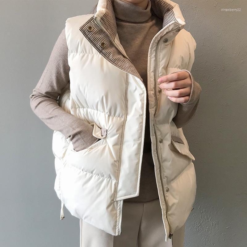 

Women's Vests Winter Women Vest Coat Cotton Padded Stripe Thicken Sleeveless Jacket Female Fashion Windproof Warm Waistcoat Stra22, White