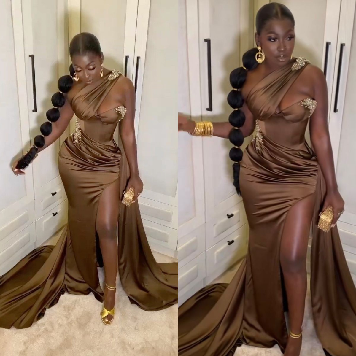 

One Shoulder Evening Dresses for Women 2022 Mermaid Prom Gowns High Split Crystals Pleat Party Outfits Ladies Formal Dress, Khaki