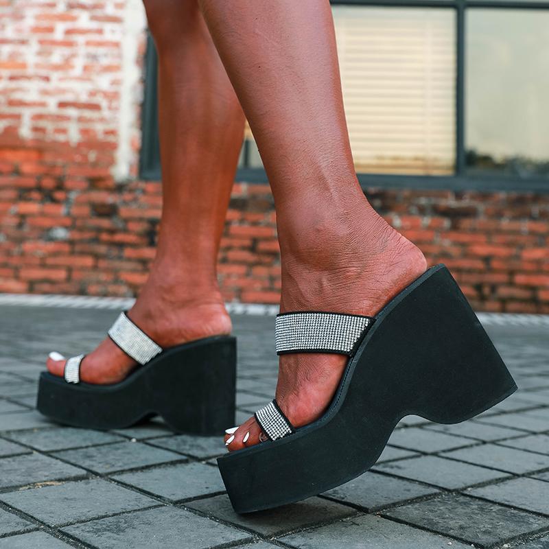 

Sandals Wedges Women Pumps Shoes Crystal Female Casual Outdoor Sandal Slides Rhinestones Ladies High Heels Thick Soled Slippers Big SizeSand, White