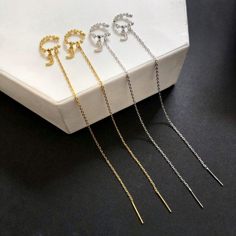 

Clip-on & Screw Back Real 925 Sterling Silver Star Moon Ear Cuffs Long Pierced Tassel Earrings For Women Fine JewelryClip-on