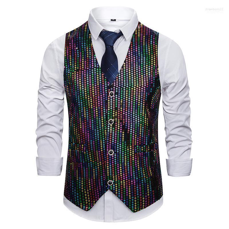 

Paillette Waistcoat Man Suit Vests Single-breasted Fashion Wait Coat Men Casual Barber Vest Singer Gilet Stage Costumes Men' Stra22, Colourful