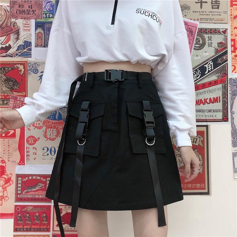 

Skirts A Line Women Mini Cargo Pockets Sashes Bodycon Solid Ladies Short Skirt 2022 Summer Sexy Black Female