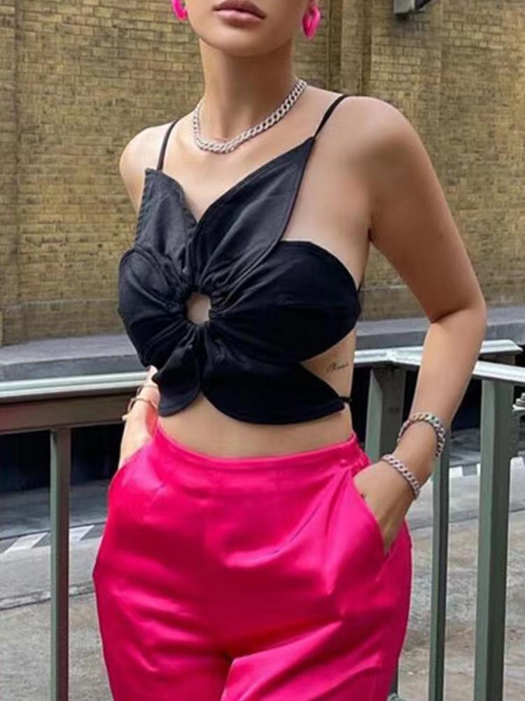 

Women' Tanks & Camis Design Retro Solid Color Flower Shape Middle Hollow Sexy Leaky Back Camisole Ladies Fashion Versatile Irregular Tube T, Black