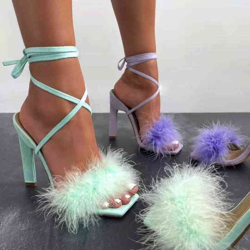

Fashion-35-42 star hairy cross strap high-heeled sandals in four colors 212-8, Black