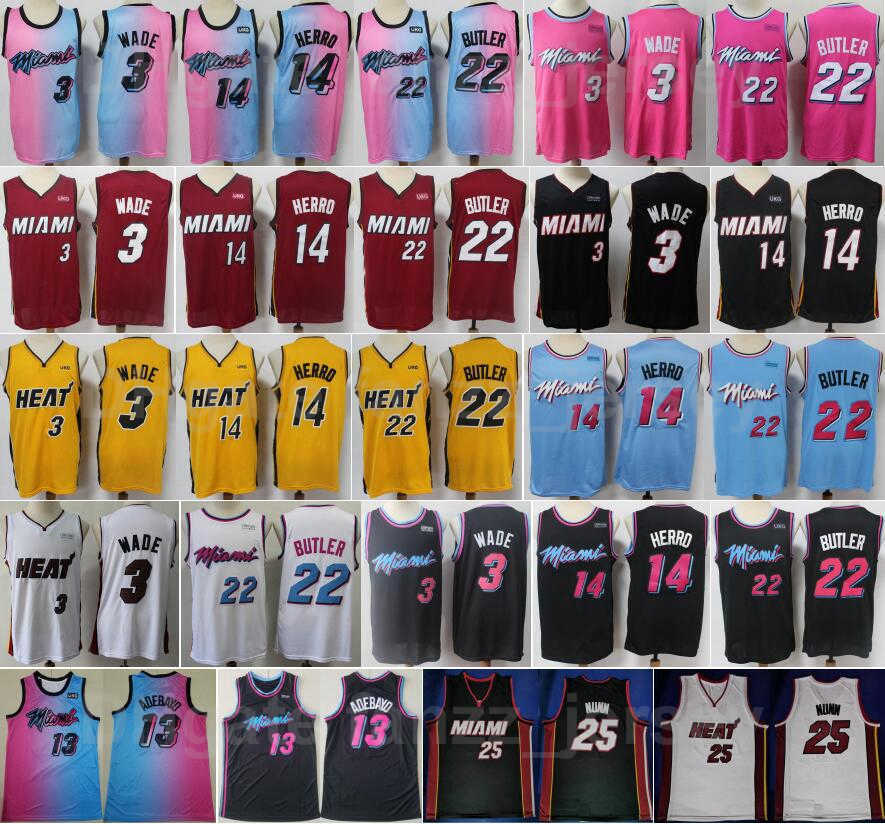 

Basketball Tyler Herro Jersey 14 Men Dwyane Wade 3 Bam Adebayo 13 Jimmy Butler 22 Kendrick Nunn 25 Stitched, Black