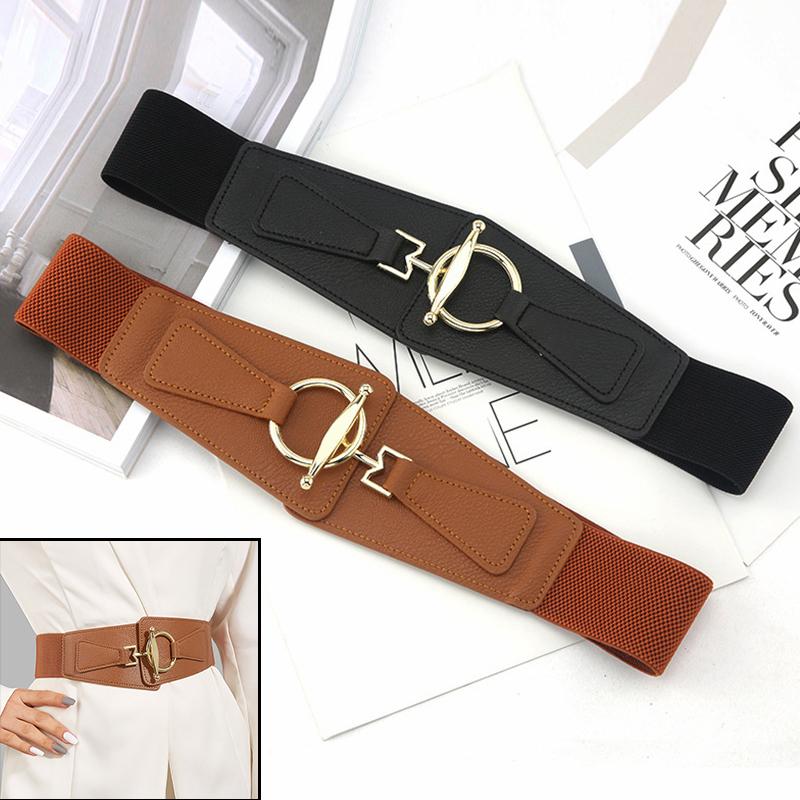 

Belts Female Personality Fashion Golden Elastic Wide Waist Strap Coat Jeans Dress Luxury Designer Brand Belt Women WaistbandBelts, Brown